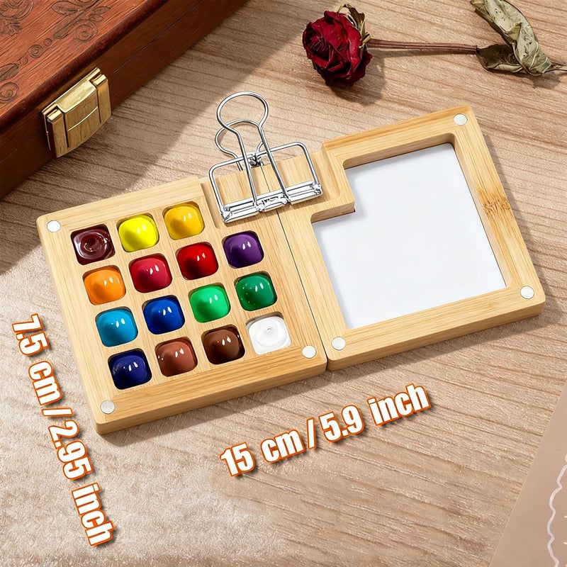 F'DIARY Mini Travel Watercolor Set Pocket Artist Watercolor Travel Set Grid Palette Box Sketch Book Brush Pens With Binder Clips For Painters Artists Students (bamboo, 15 Grids) - Image 2